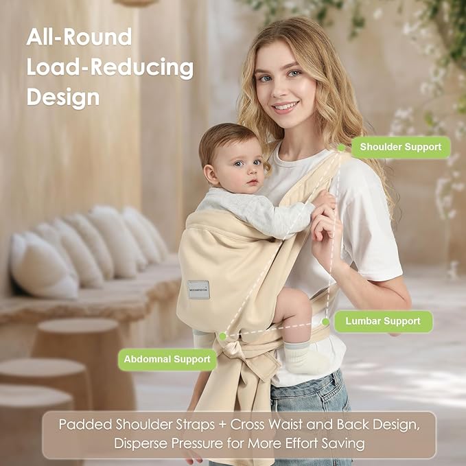Baby Carrier, Baby Wearing Carrier, Hands Free Toddler Wearing, Adjustable Baby Wraps Carrier Newborn to Toddler(7-40lbs), One Size Fits All, Kangaroo Infant Carriers, Beige
