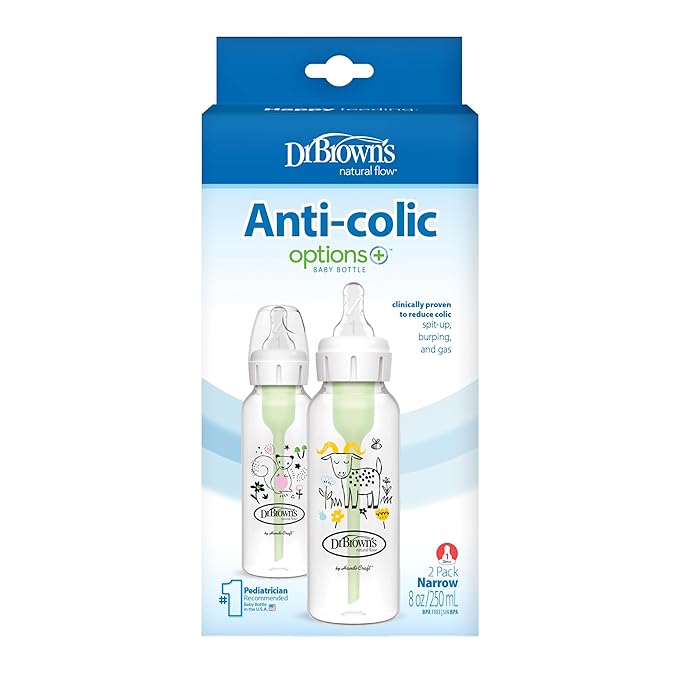Dr. Brown's Natural Flow Anti-Colic Options+ Narrow Baby Bottle, Goat and Squirrel, 8 oz/250 mL, with Level 1 Slow Flow Nipple, BPA Free, 0m+, 2-Pack