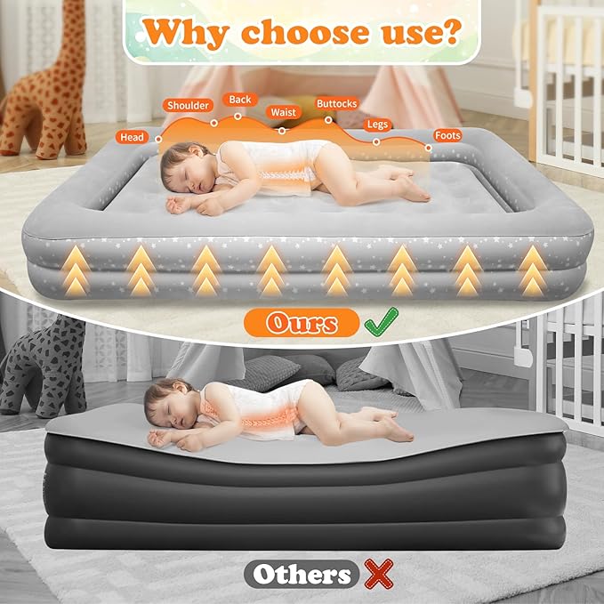 Air Mattress for Kids 4-7 Years - Toddler Travel Bed with Built-in Pump, Sides for Safety, Ultra Soft Plush Surface - Portable Kids Sleeping Pad for Camping, Hotels, Sleepovers & Grandparents' House
