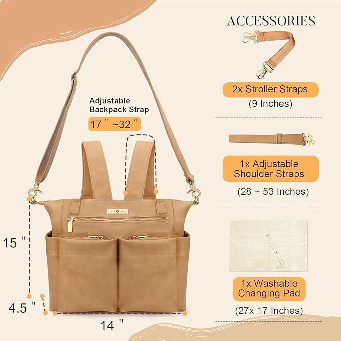 miss fong Diaper Bag Tote Baby Bag Leather Diaper Bag Backpack Large Diaper Tote Bag with 11 Pockets Pañaleras Para Bebe with Diaper Changing Pad, Stroller Straps,4 Insulated Pockets