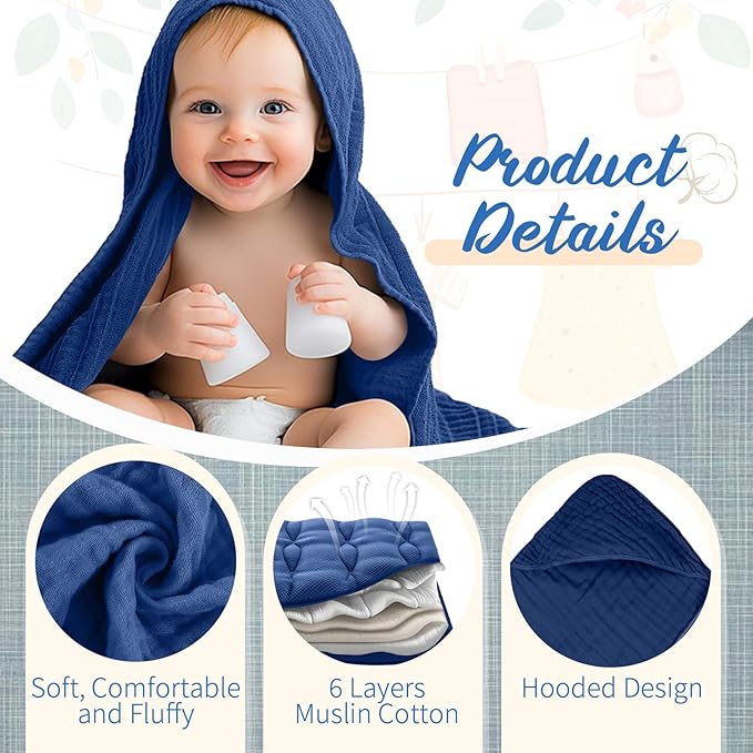 VitalCozy 8 Pcs Baby Muslin Hooded Bath Towels and Washcloths Muslin Cotton Hooded Baby Towels Absorbent Blankets for Gift Newborn Infant Shower (32 x 32 Inch,Gradient Blue)