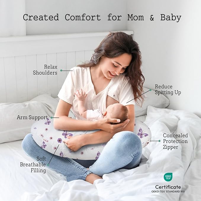 Little Grape Land Nursing Pillow, Soft 100% Cotton Breastfeeding Pillow with Breathable Muslin Removable Cover, Purple Butterfly Breast Feeding Pillows for Babies 0-12 Months with Protective Zipper