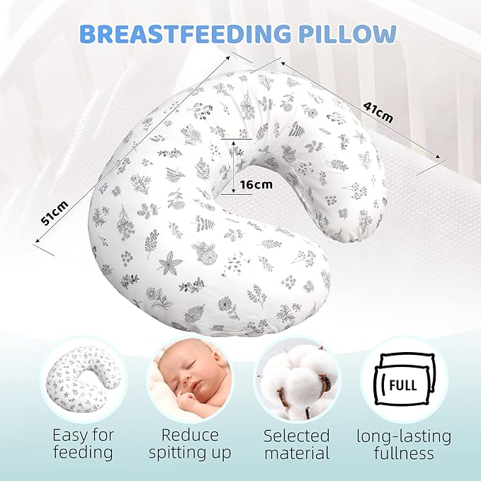 LAT Nursing Pillow for Breastfeeding,100% Cotton Removable Cover,Ergonomic Breast Feeding Pillows for Mom and Baby,Machine Washable(Plant)