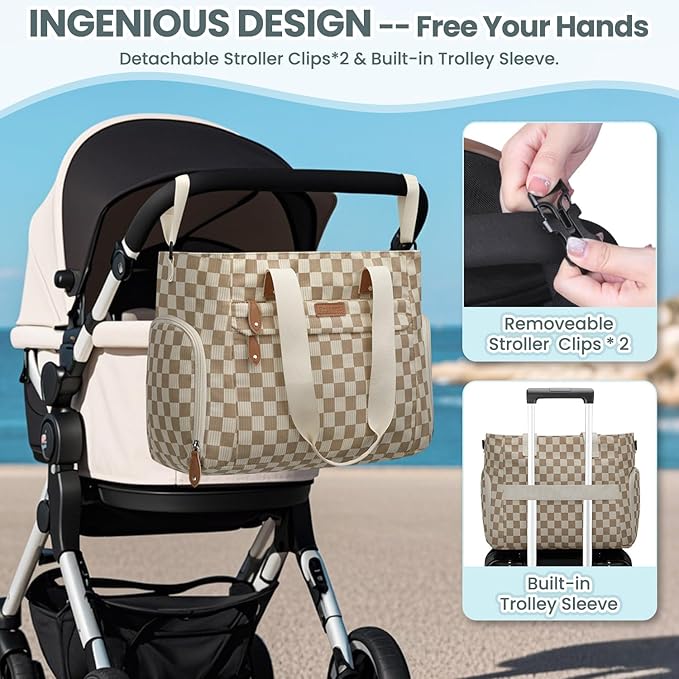 Large Travel Diaper Bag Tote with 14 Inch Laptop Sleeve, Breast Pump Bag for Mom and Dad, Mommy Maternity Travel Baby Bag for Boys and Girls, Plaid