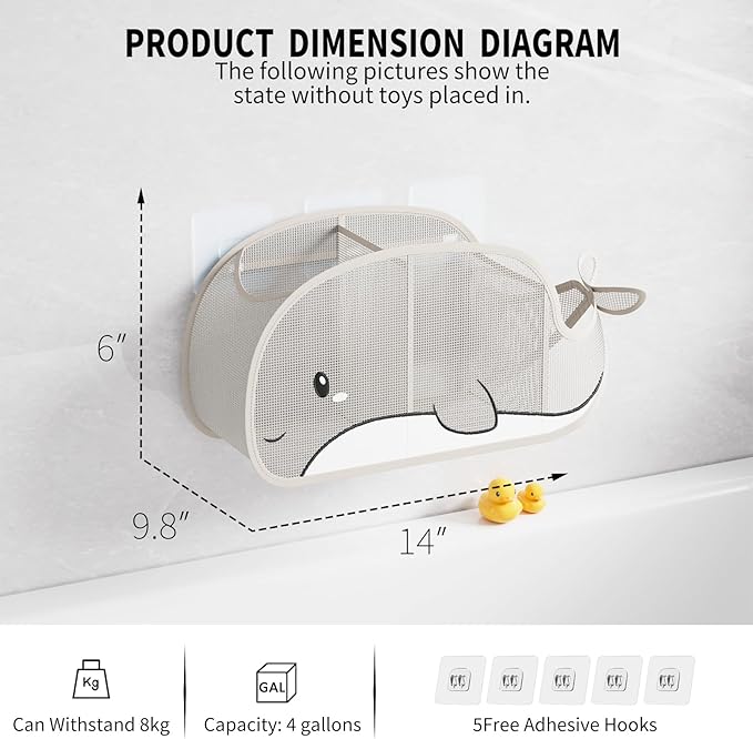 Austion Quick-Drying Baby Bath tub Toy Organizer Storage for Bathroom, Large-Capacity mesh Bath Toy Holder for Bathtub, Convenient for Quick Access, Whale-Shaped Design (Gray)