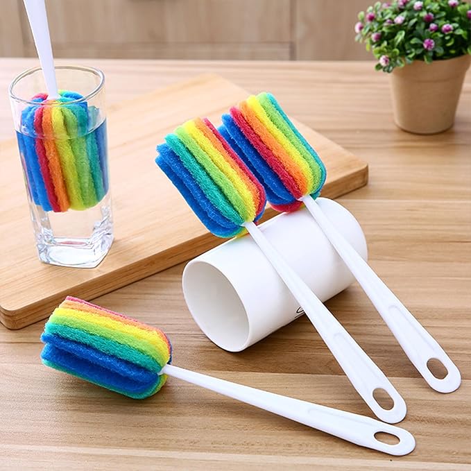 Bottle Brush Cleaner 4PCS Sponge Cleaning Brushes Long Handle Scouring Pad Scrub Brushes for Kitchen Clean Baby Bottle Glasses Mugs Cups (4 PCS)