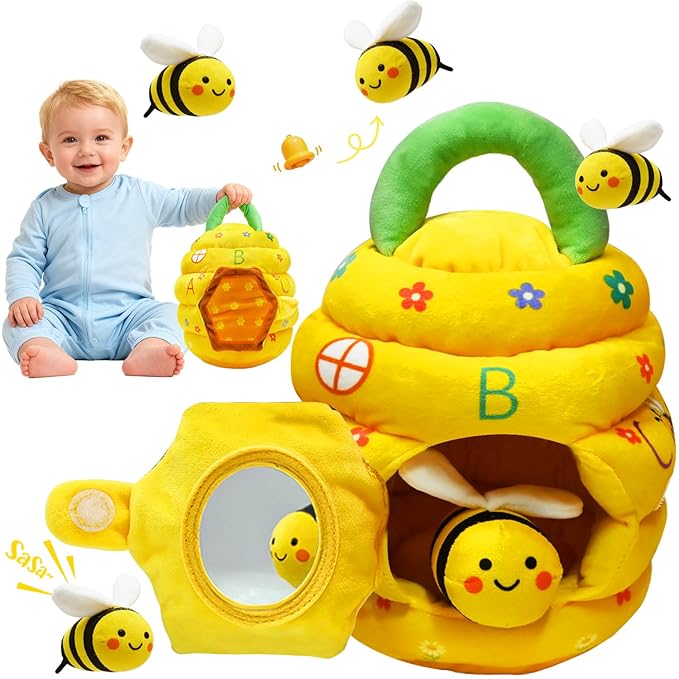 Baby Toys 6-12 Months, Beehive Montessori Toys for 1 Year Old with 5 Sensory Bees Stuffed Animals, Crinkle, Rattles, Squeaker, Jingle Bells, Mirror, Infant Toy Birthday Christmas Gift