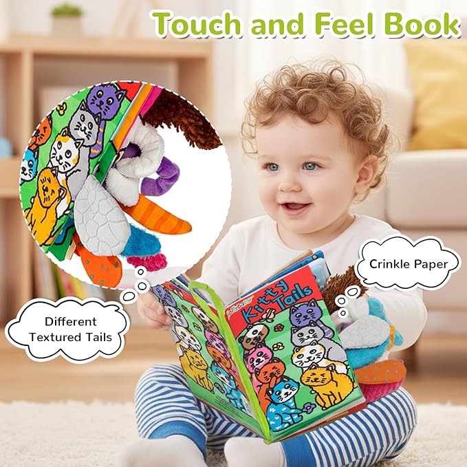 HECCEI Baby Cloth Books Soft Baby Book 0-6 Months Crinkle Books with Kitten Tails Touch and Feel Sensory Toys for Infant Tummy Time for 3 Months+ Easter Basket Stuffers