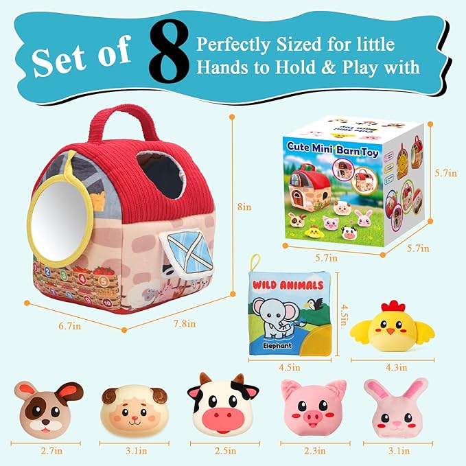Baby Toys 6-12 Months, Surprise Barn Stuffed Farm Animals with Cloth Books, Rattle, Crinkle, Montessori Sensory Toys for 1-3 Old Infants, Plush Gifts for Boys Girls Valentines Day Birthday Easter