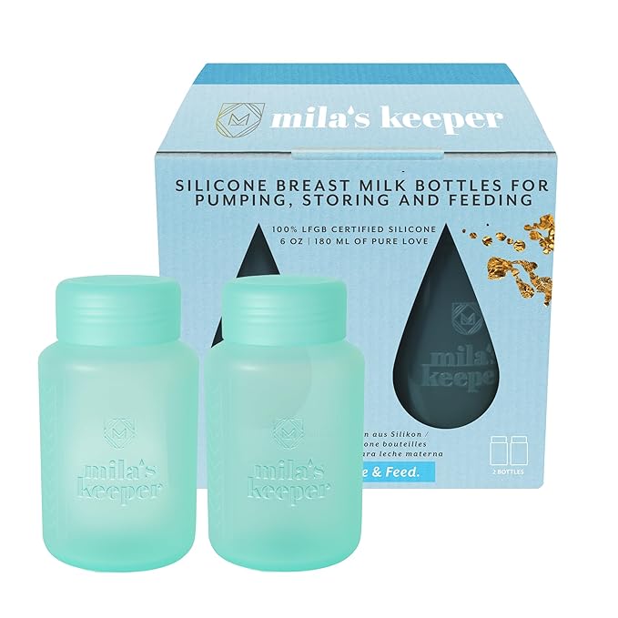 Mila's Keeper Premium Silicone Breast Milk Storage Bottles, for Pumping, Storing and Feeding, Fits Leading Pumps and Nipples, 6 oz Silicone Milk Storage Containers, Standard Neck Ocean Mist, Set of 2