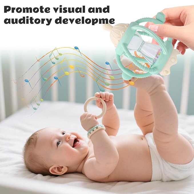 Socub Baby Rattle Teether Toys for 0-12 Months, 2-in-1 Sensory Hand Grasp Shaker with Soft Silicone Teething Ball & Pacifier, BPA Free Chew Toy for 6-12 Months, Newborn Gift for Boys and Girls (Green)