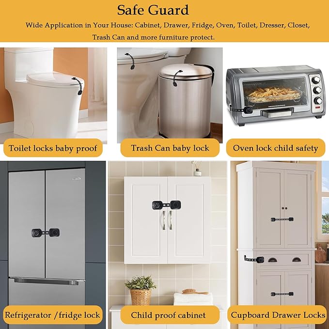 Fursafe&Q Child Safety Cabinet Proofing, Baby Cabinet Locks Adhesive Adjustable Child Safety Strap Locks Drawer Fridge Ovens Toilet Latches No Screws for Furniture Kitchen (Black, 12Pack)