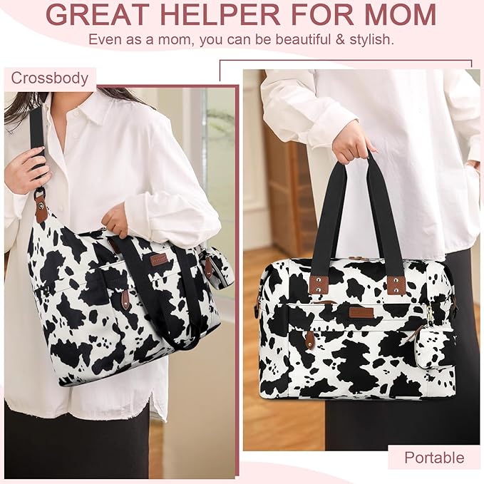 Diaper Bag Tote - Diaper Baby Bags with Pacifier Case, Shoulder Straps, Stroller Clips, Waterproof Large Mommy Maternity Bag Travel Baby Bag for Mom and Dad, Cowprint, Medium