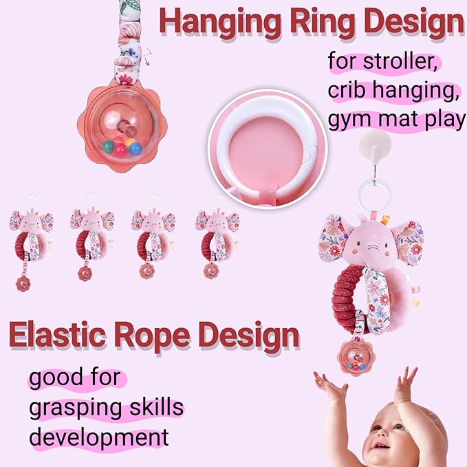 Infant Toys 0-6-12 Months Spiral Car Seat Toy, Baby Stroller Hanging Rattle Stuffed Animal Babies 0-2-3-4-5-7 Month Old Newborn Girl Valentines Gifts Easter Mirror Crinkle Pink Elephant 3PCS