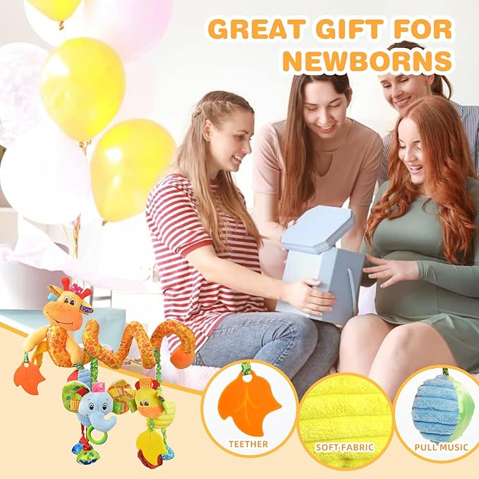 Jollybaby Crib Stroller Car Seat Toys for Baby 0-3-6-9-12 Months, Tummy Time Hanging Sensory Toys for Newborn with Music Box and Teether, Spiral Carseat Toy for Infant Boys Girls Gifts (Giraffe)