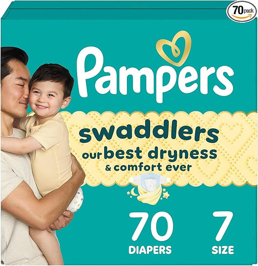 Pampers Swaddlers Diapers, Size 7 (26-50 lbs), 70 Count, Absorbent, Keeps Baby Dry and Comfortable, Skin Safe Disposable Baby Diaper (Packaging May Vary)