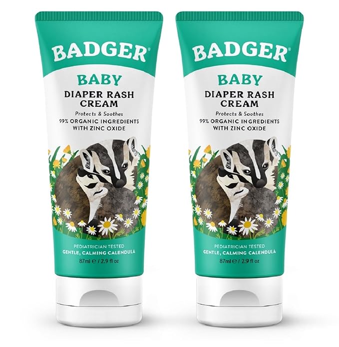 Badger Baby Diaper Rash Cream, Zinc Oxide Diaper Cream for Babies, Natural Skin Barrier Cream with Organic Sunflower Oil & Beeswax, 2.9 fl oz, 2-Pack