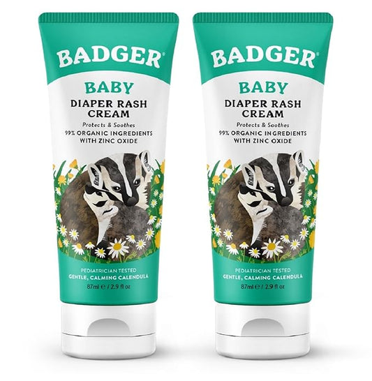 Badger Baby Diaper Rash Cream, Zinc Oxide Diaper Cream for Babies, Natural Skin Barrier Cream with Organic Sunflower Oil & Beeswax, 2.9 fl oz, 2-Pack