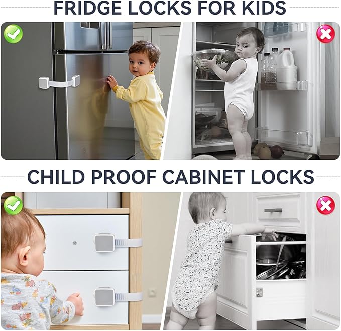 2 Pack Child Safety Cabinet Locks for Baby Proofing, Length Adjustable Latch Straps Dual Button Design for Drawers Fridge Refrigerator Doors Toilet Seat Oven