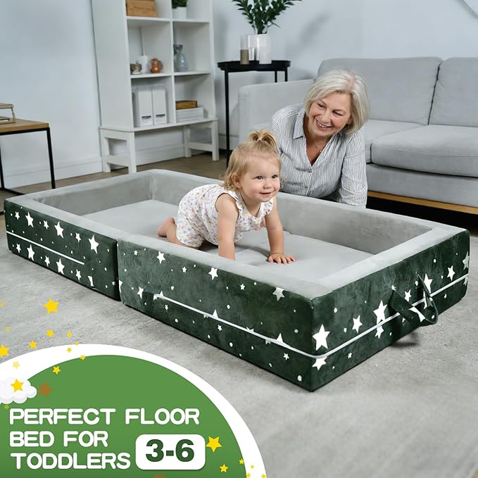 laapee Portable Toddler Travel Bed – Foldable Floor Bed for Toddlers 3-6 with 3.54" Soft Foam, 2-in-1 Travel Crib & Storage Box, Washable Cover, Grey | Easy Care