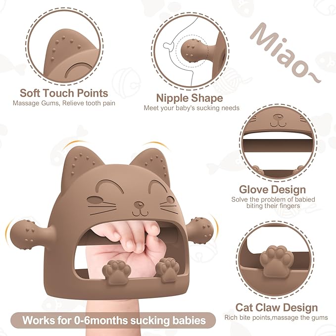 Baby Teether Toys for 6-12 Months - Teething Relief Must-Haves, Hand Teethers, Mitt With Cute Cat Shape - Ideal Baby Shower Gifts