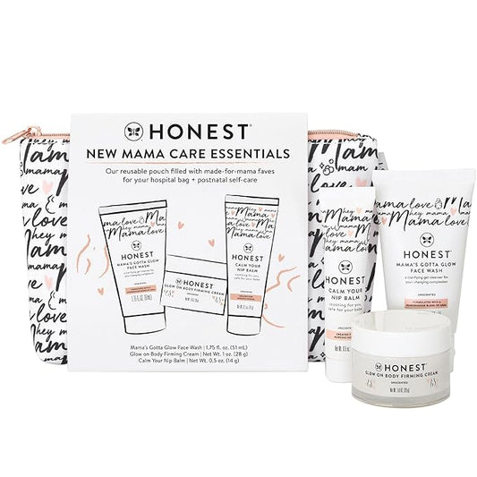 The Honest Company New Mama Care Essentials Gift Set, Hospital Bag Must Haves, Travel Size Nip Balm (0.5 oz) Glow On Body Cream (1 Gotta Face Wash (1.75 fl) with Reusable Pouch | Travel Size, Reusable Pouch