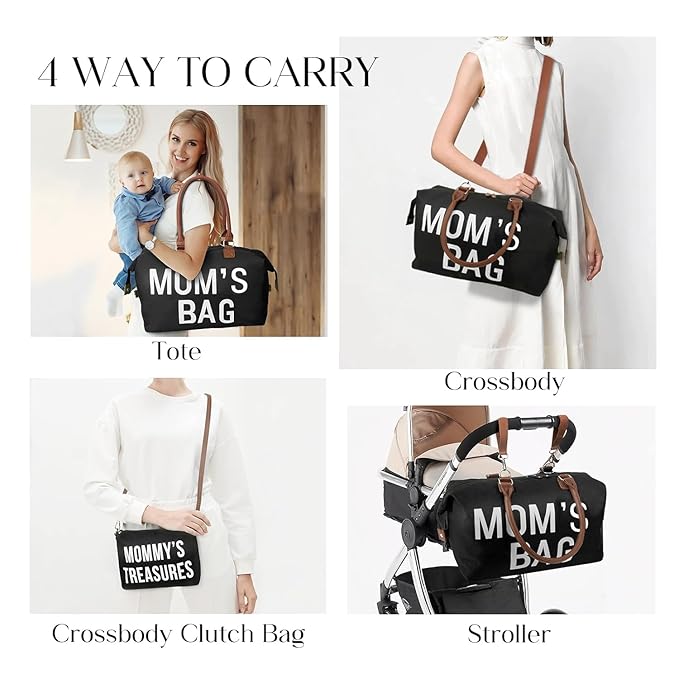 printe 6pcs Large Diaper Bag Tote with Changing Pad & 2 Organized Pouches, Mom's Bag for Hospital with Pacifier Case, Straps, Stroller Hook, Baby Diaper Bag for Weekender Travel