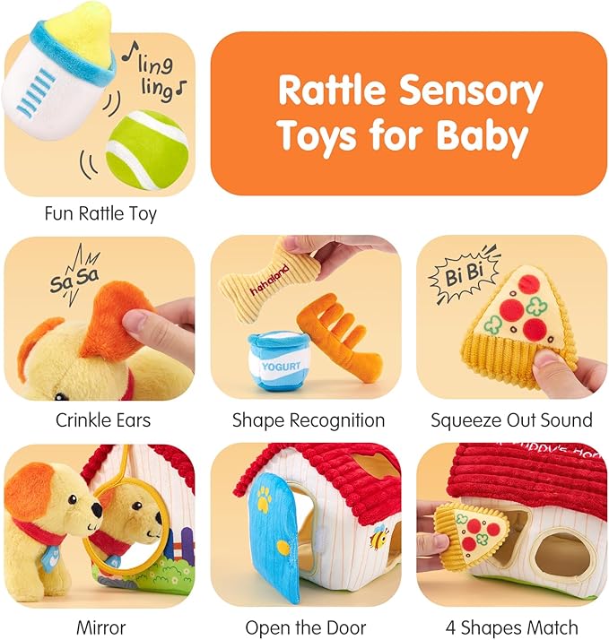 hahaland Baby Montessori Toys for 1 + Year Old – Puppy Plush Sensory Toy Set with Rattle, Crinkle, Mirror & Shape Sorter – Interactive Learning Pretend Play for Toddlers 1-3
