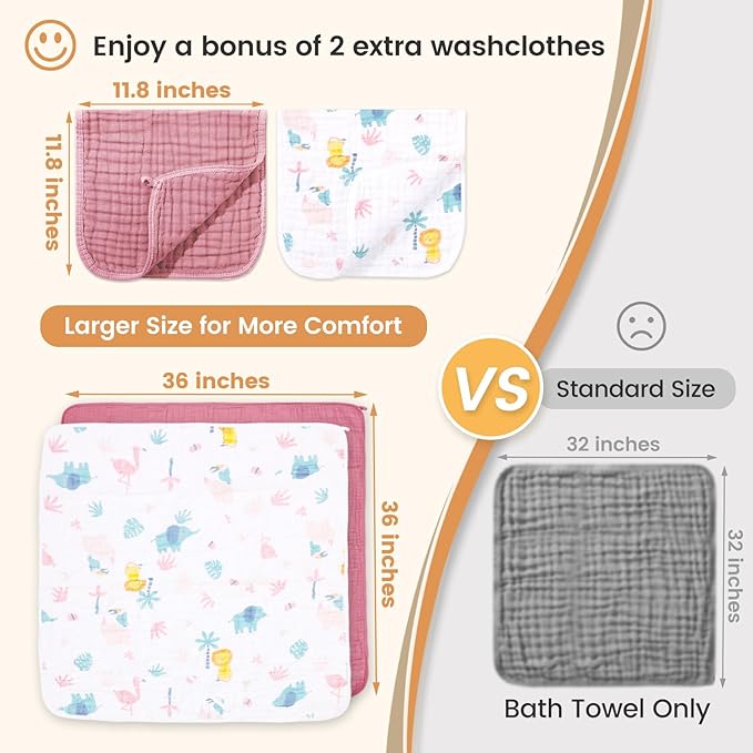 Fmebaby 2 Pack Muslin Hooded Baby Bath Towels and 2 Pack WashCloth Set, 36x36 Inch Soft Cotton Bath Towel Baby Wipes Absorbent Bath Face Towels Burp Cloths Face Towels for Girl Boy(Coffee and Apricot)