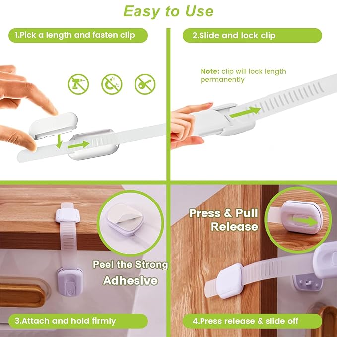 Matenf Child Proof Cabinet Locks (4 Packs), Baby Toddlers Locks for Drawers, Refrigerator Safety Latches for Kids Pets, Durable Safe ABS Material Strong Adhesive, No Drill Tool Needed Easy to Use
