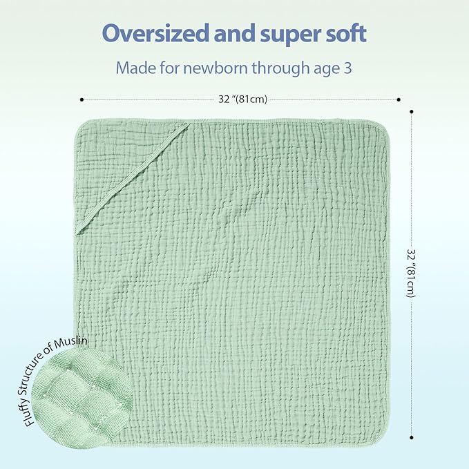 Unnivoll Hooded Baby Towels for Newborn - 2 Pack, 100% Muslin Cotton, Baby Bath Towels with Hood, Soft and Absorbent for Boys, Girls Infant, Toddler and Kids, Large 32x32 Inches, Newborn Essential