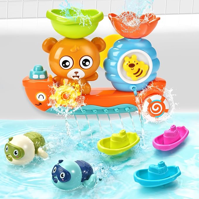 Baby Bath Toys Toddlers 1-3 Bear Kids Bath Tub Toys with 2 Turtle Swimming Wind up Water Toys & 3 Floating Boat Bathtub Toys for Infants Boys Girls 18+ Months Gifts Box Set