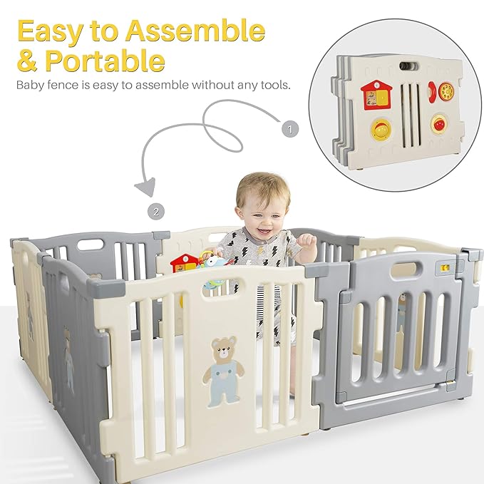 Kidzone Grey - White Baby Interactive Playpen 8 Panel Safety Gate Children Play Center Child Activity Pen ASTM Certified