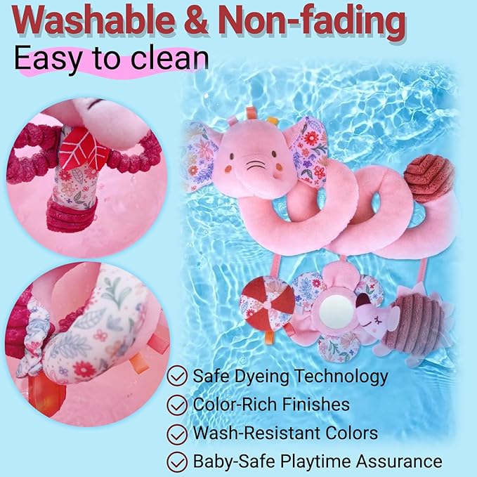 Infant Toys 0-6-12 Months Spiral Car Seat Toy, Baby Stroller Hanging Rattle Stuffed Animal Babies 0-2-3-4-5-7 Month Old Newborn Girl Valentines Gifts Easter Mirror Crinkle Pink Elephant 3PCS