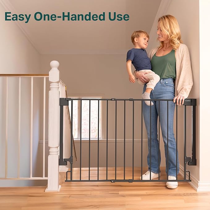 Cumbor 29.2–43" Baby Gate for Stairs, Wall-Mounted (Drill Required), Expandable No Bottom Bar Dog Gate, Auto Close Extra Wide Walk Thru, Pet & Toddler Proof Gate, Top & Bottom of Stairways(Black)
