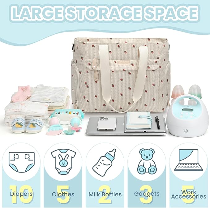 Large Travel Diaper Bag Tote with 14 Inch Laptop Sleeve, Breast Pump Bag for Mom and Dad, Mommy Maternity Travel Baby Bag for Boys and Girls, Strawberry