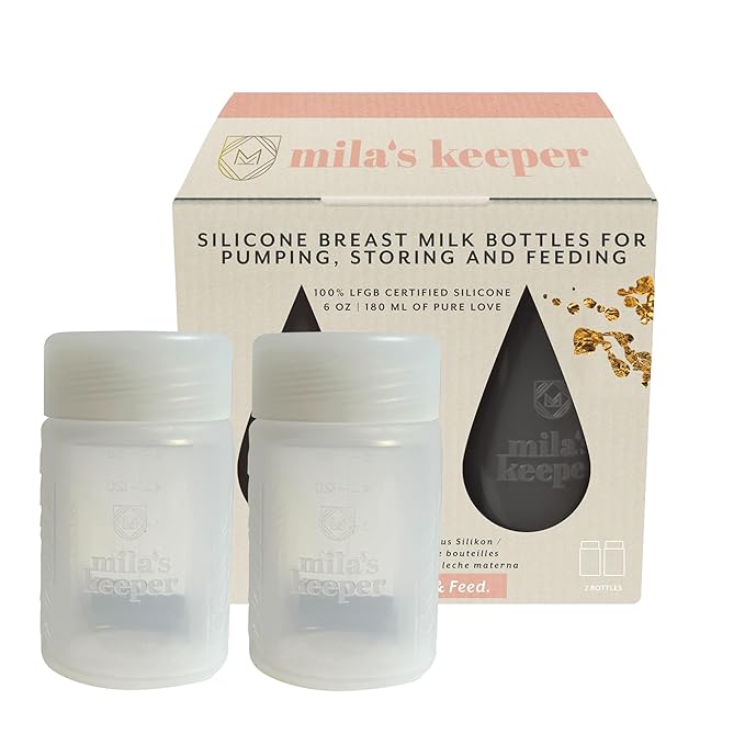 Mila's Keeper Premium Silicone Breast Milk Storage Bottles, for Pumping, Storing and Feeding, Fits Leading Pumps and Nipples, 6 oz Silicone Milk Storage Containers, Wide Neck Aspen White, Set of 2