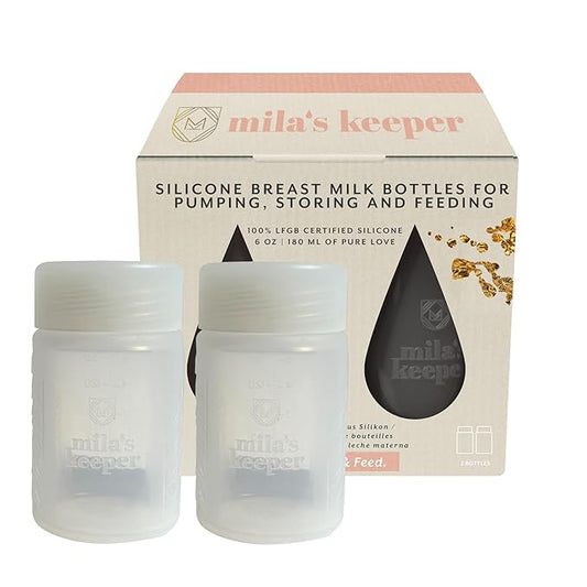 Mila's Keeper Premium Silicone Breast Milk Storage Bottles, for Pumping, Storing and Feeding, Fits Leading Pumps and Nipples, 6 oz Silicone Milk Storage Containers, Wide Neck Aspen White, Set of 2