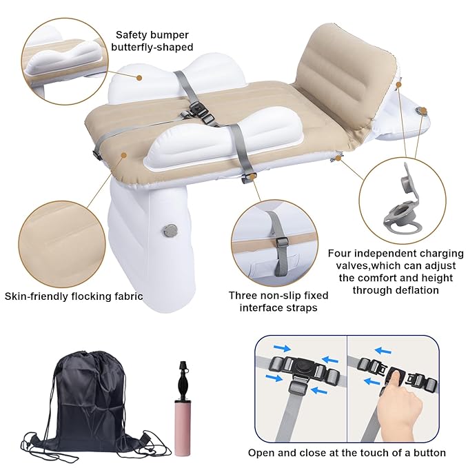Sunlisky Inflatable-Toddler-Travel-Bed for Airplane Car Seat Portable Foldable Infant Travel Bed Baby Travel Crib with Sides,Hand Pump Safety Belt and Carry Bag Sets (Beige)