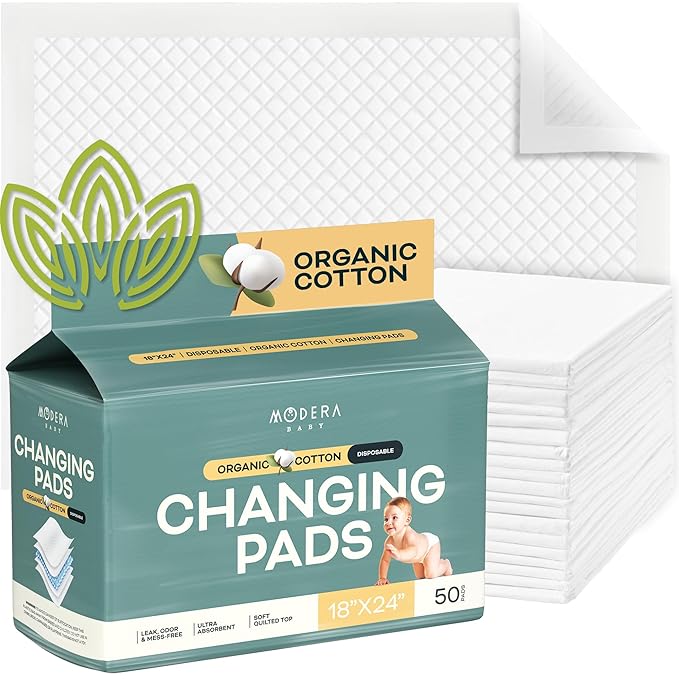 Organic Cotton Disposable Changing Pad Liners | Large 18x24 Hypoallergenic Ultra Absorbent & Waterproof Super Soft, Quilted Underpads for Baby Diaper Table & Travel, Leak Proof & Mess Free [50-Pack]