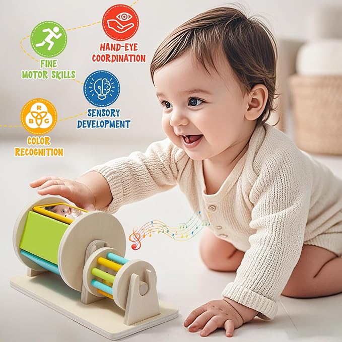 Toyssa Wooden Montessori Toys for Babies 6-12 months with Rainbow Color and Mirror Spinning Drum/Baby Shape puzzle 6-12 months/Sensory Toys Rain Rattle, Montessori Toys Gifts for Toddlers 1 Years Old