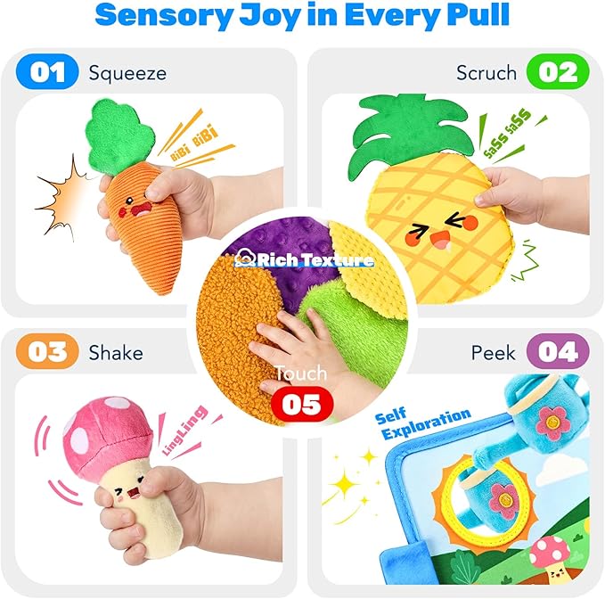Baby Toys 6-12 Months, Montessori Sensory Garden Plush Set Vegetable Fruits, Baby Developmental Learning Toys with Rattle Squeaker Mirror Texture Tissue, Gifts for 6+ month old Boy Girl Christmas
