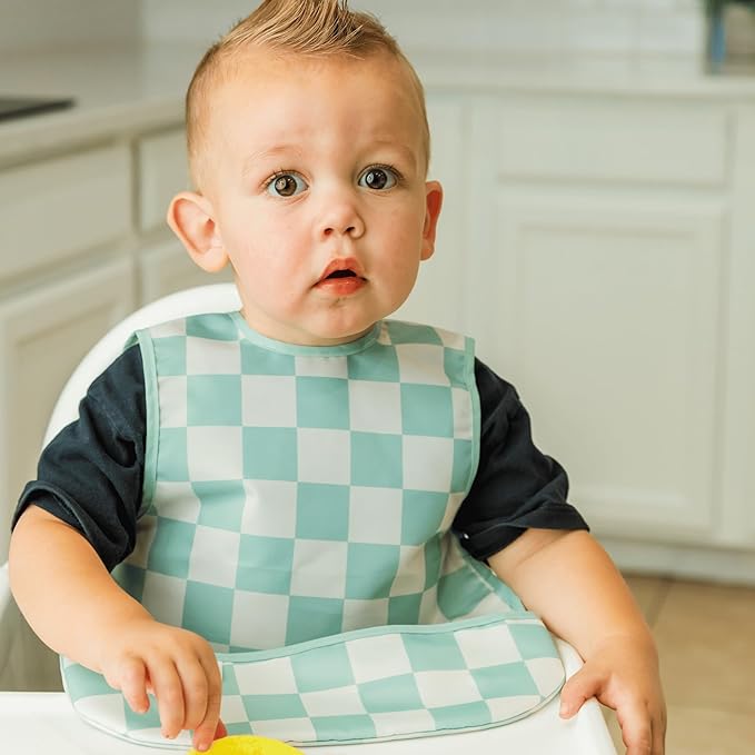 Tiny Twinkle Mess Proof Baby Bib for Boys | Waterproof Toddler Bib for Eating | Baby Apron for Feeding, Machine Washable | Perfect Shower Gift (Green Checkers, 2-4Y)