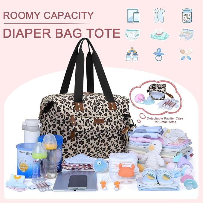 Diaper Bag Tote - Diaper Baby Bags with Pacifier Case, Shoulder Straps, Stroller Clips, Waterproof Large Mommy Maternity Travel Baby Bag for Mom and Dad, Leopard Print