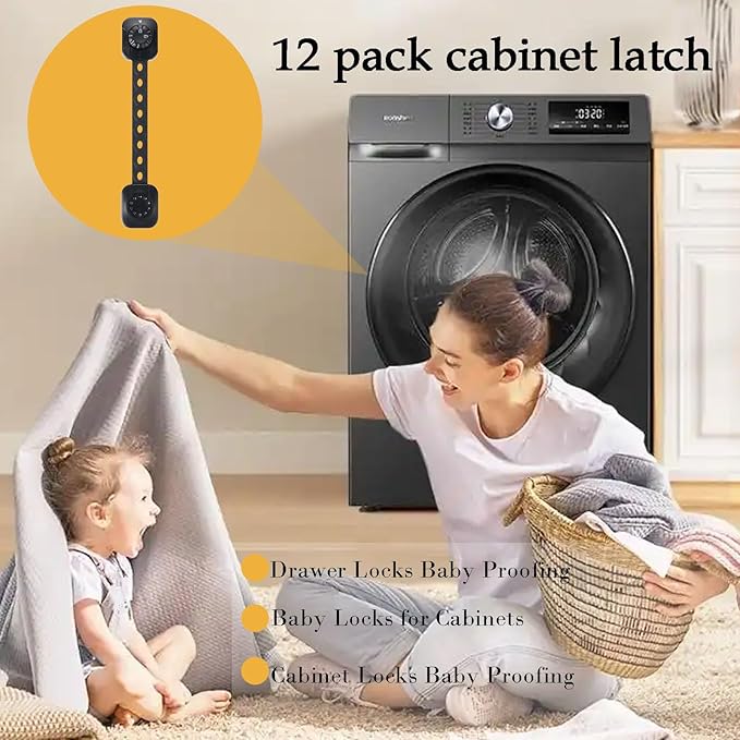 Fursafe&Q Child Safety Cabinet Proofing, Baby Cabinet Locks Adhesive Adjustable Child Safety Strap Locks Drawer Fridge Ovens Toilet Latches No Screws for Furniture Kitchen (Black, 12Pack)