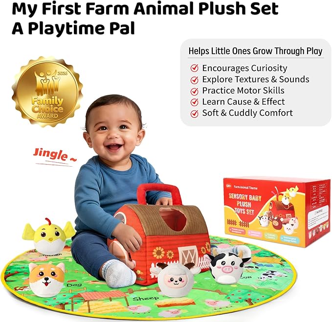Farm Animal Toys for 1 2 3 4 5 Year Old Toddlers – Plush Farm House Playset with Barn, 6 Soft Farm Animals & Large Play Mat – Farm Toys for Toddlers 1–3