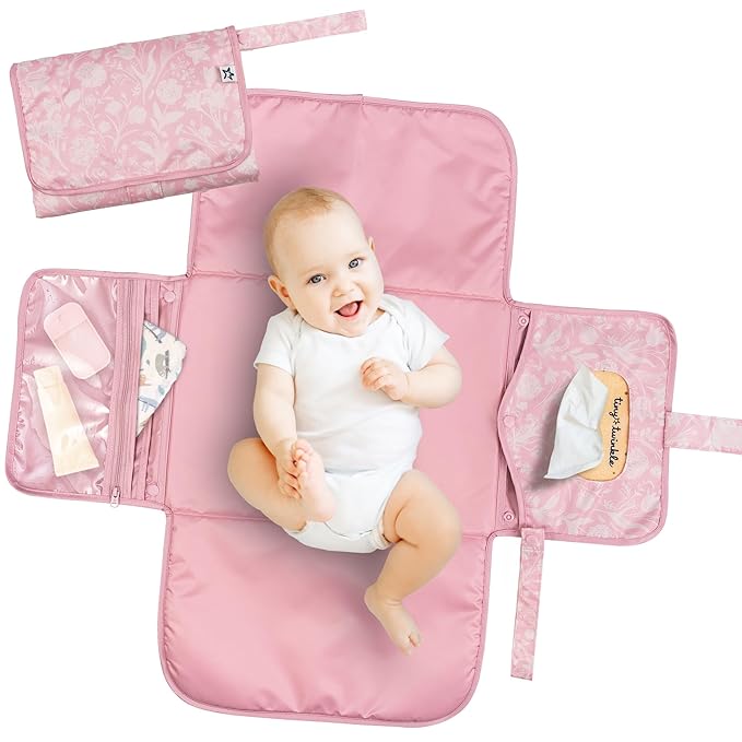 Tiny Twinkle Portable Diaper Changing Pad | Waterproof, Wipeable & Compact Baby Changing Pad for Travel | Smart Wipes Pocket & Organized Storage| Newborn Shower Gift (Toile)