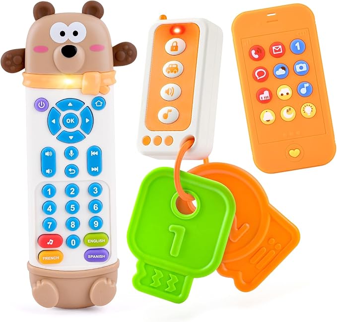 Baby Remote Control Toy with Phone Teether & Teething Keys & Car Remote, Remote Teether for Baby with Realistic Light and Sounds, Baby Musical Toys Gift for Boys Girls 6+ Months