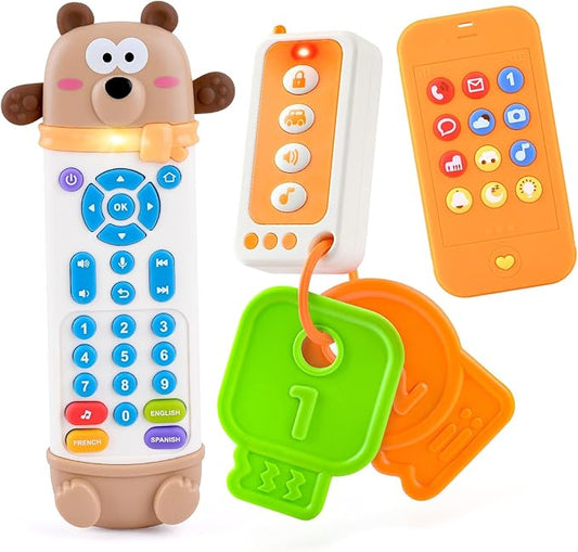 Baby Remote Control Toy with Phone Teether & Teething Keys & Car Remote, Remote Teether for Baby with Realistic Light and Sounds, Baby Musical Toys Gift for Boys Girls 6+ Months