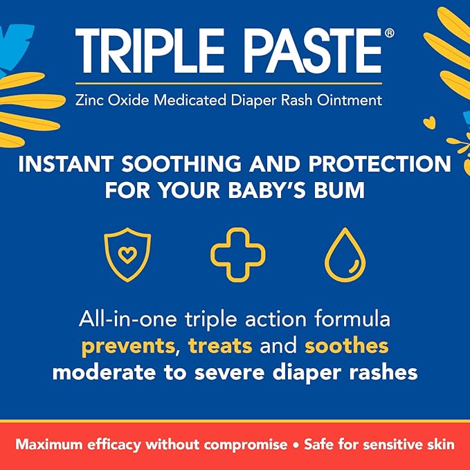 Triple Paste 3X Max Diaper Rash Ointment for Baby, Maximum Strength with 40% Zinc Oxide Ointment for Serious Diaper Rash, 2 oz Tube